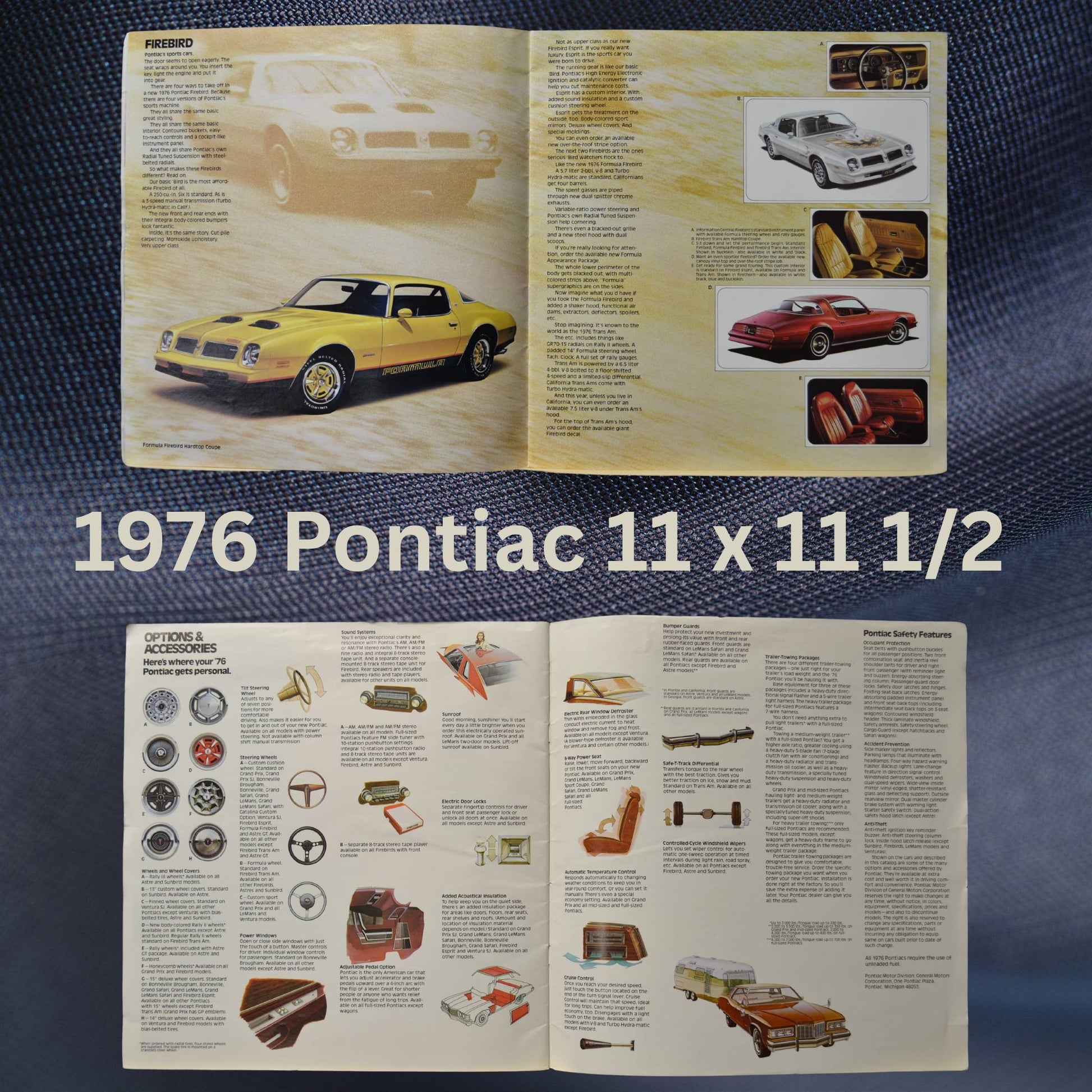 Interior pages from the 1976 Pontiac dealer brochure, showcasing the Firebird, Grand Prix, and various options and accessories, including wheel designs, steering wheels, and Pontiac safety features.