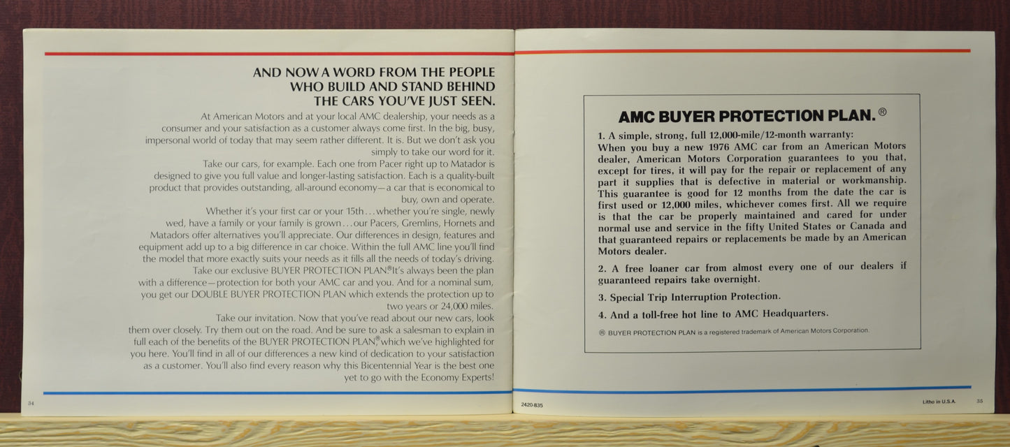 1976 AMC Passenger Cars Sales Ad Brochure – Classic Automotive Literature 34-35