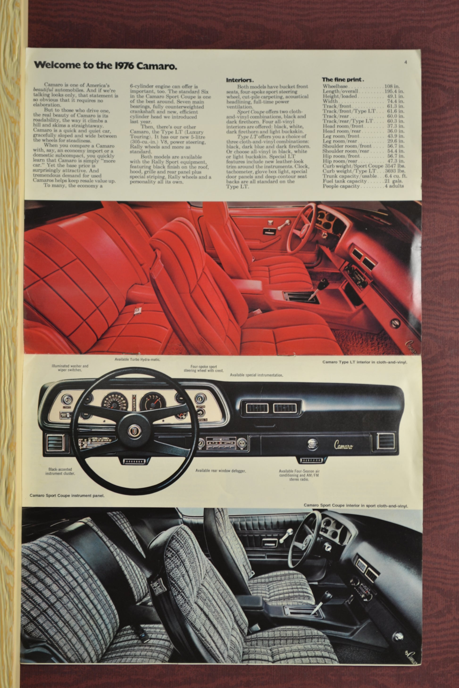 1976 chevy camaro dealer ad brochure, interiors