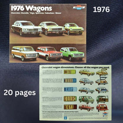 The front cover presents a range of Chevrolet wagons, including full-size, mid-size, and compact options, alongside the Blazer and Suburban. The back cover provides dimension charts and key features for each model.