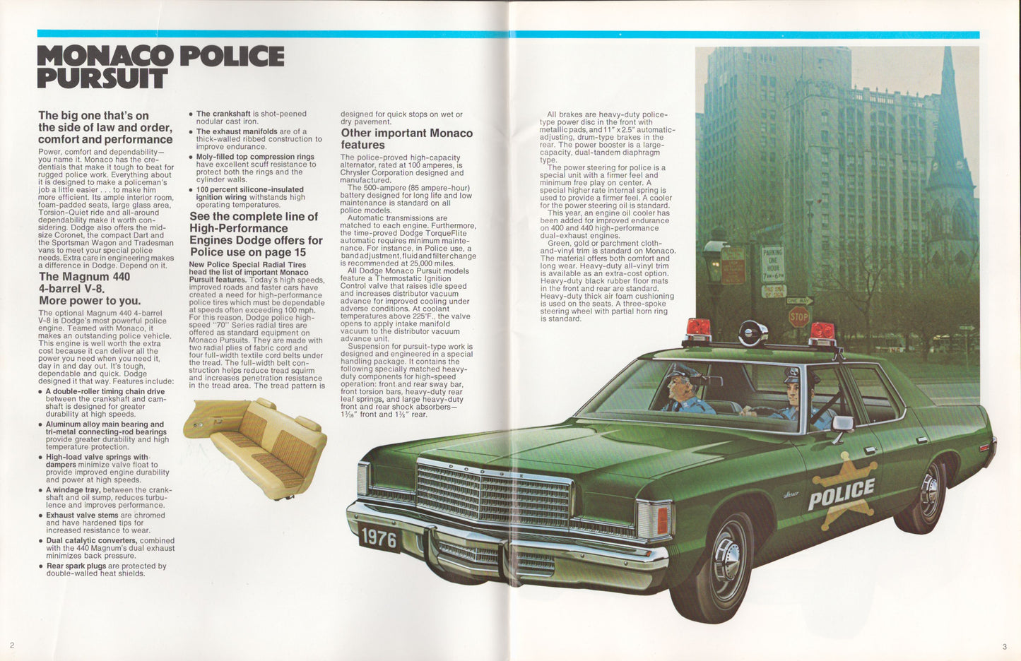 Brochure page with a green police car illustration and text on Monaco Police Pursuit.