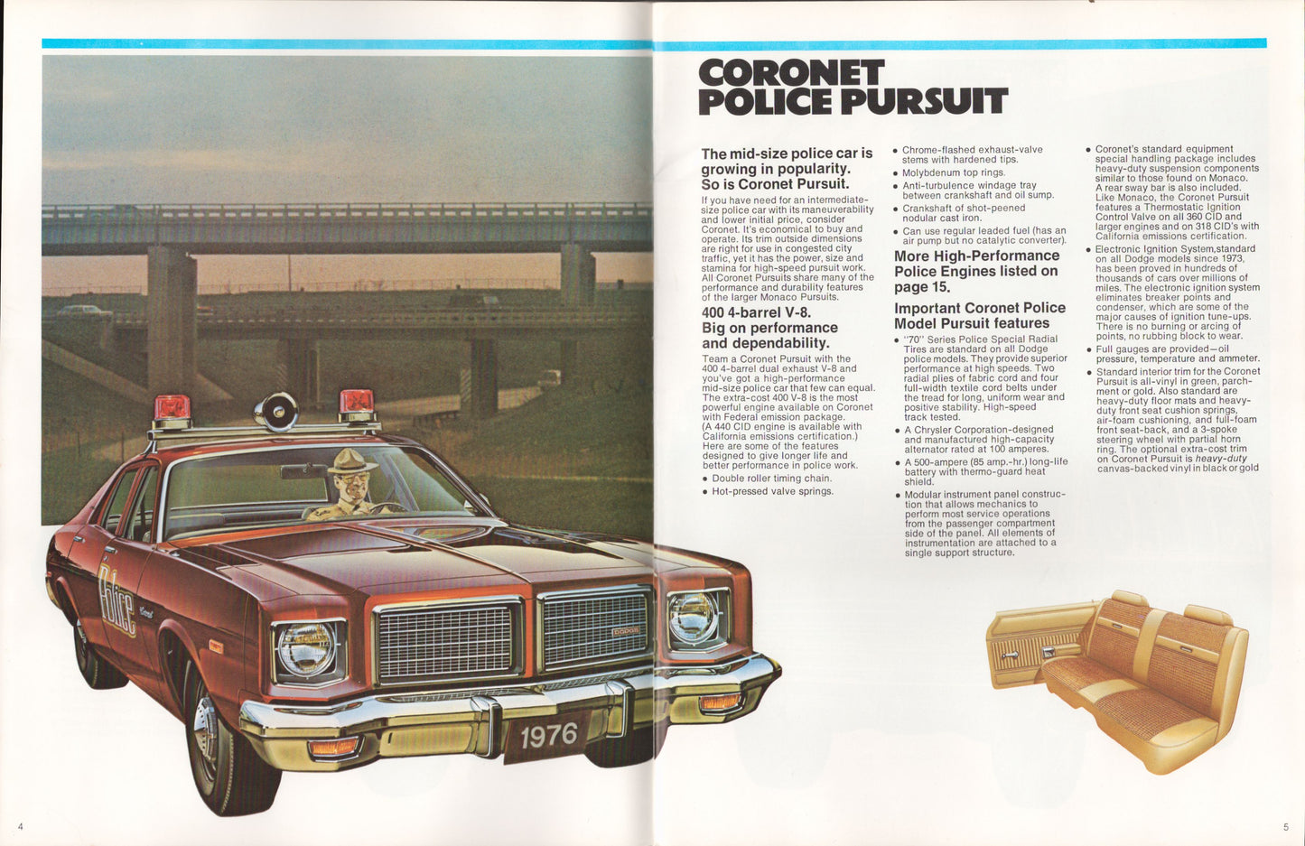1976 Coronet Police Pursuit car advertisement with text on a magazine page.