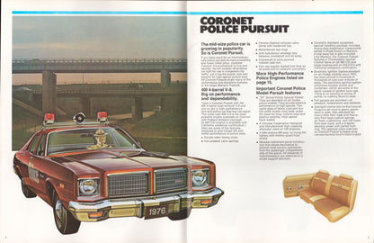 1976 Coronet Police Pursuit car advertisement with text on a magazine page.