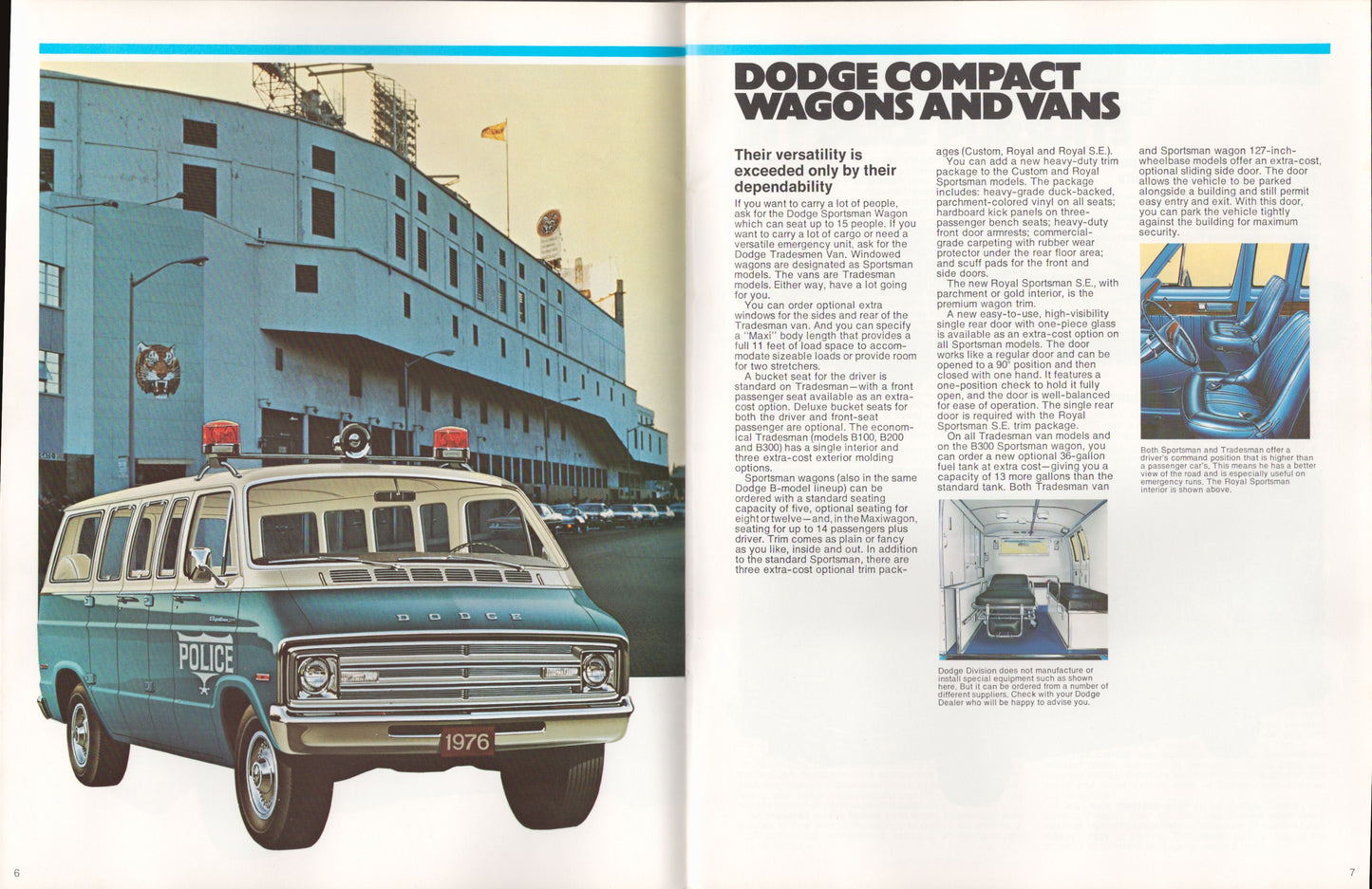 Vintage advertisement for Dodge compact wagons and vans with a police van illustration.