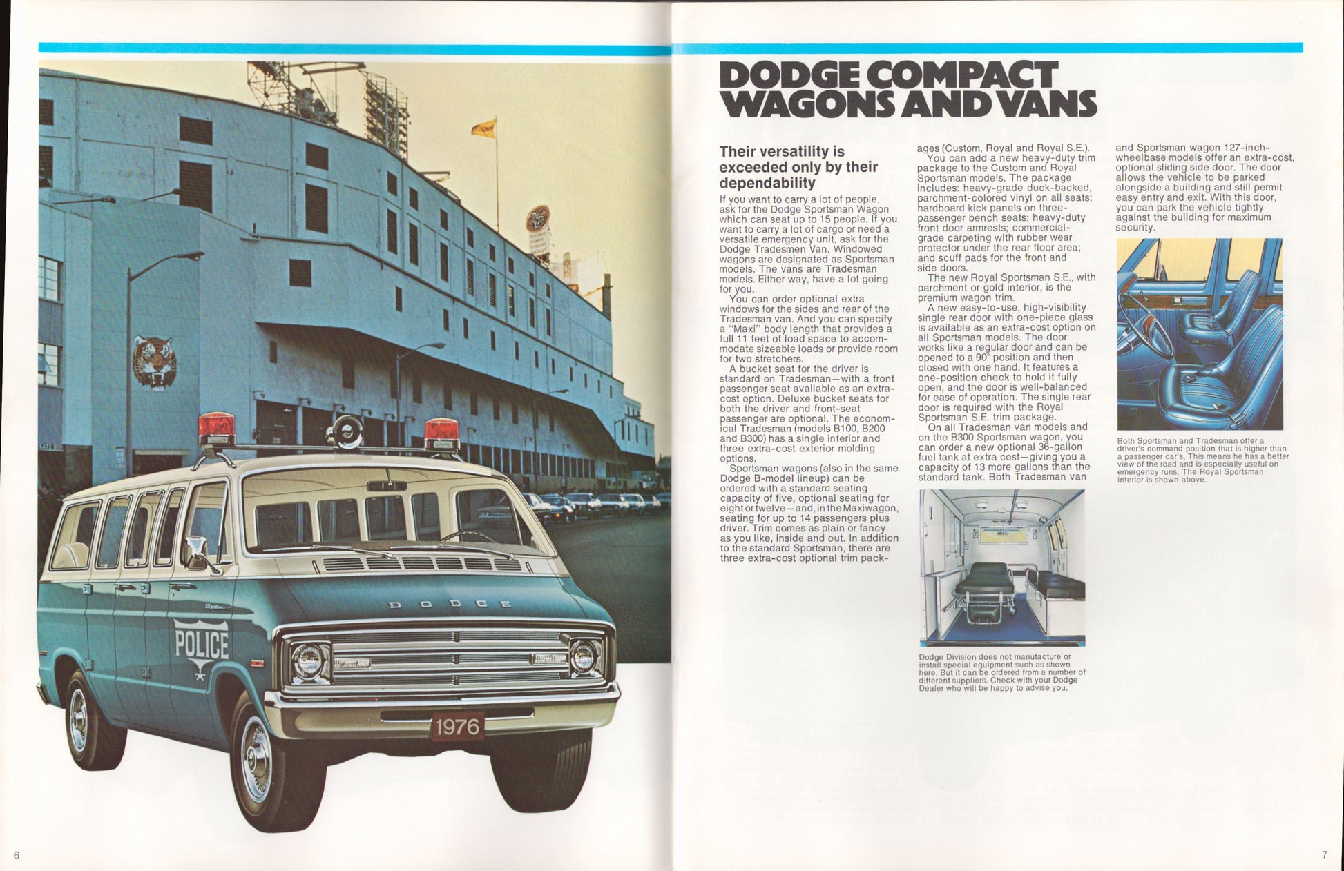 Vintage advertisement for Dodge compact wagons and vans with a police van illustration.