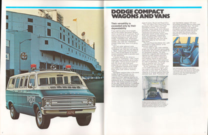 Vintage advertisement for Dodge compact wagons and vans with a police van illustration.