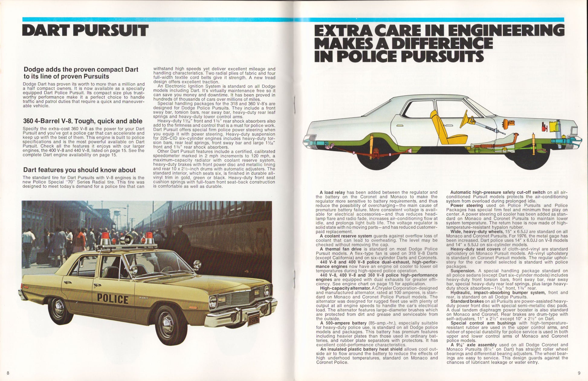 Magazine spread with a police car illustration and text about Dart Pursuit and engineering.