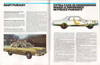 Magazine spread with a police car illustration and text about Dart Pursuit and engineering.