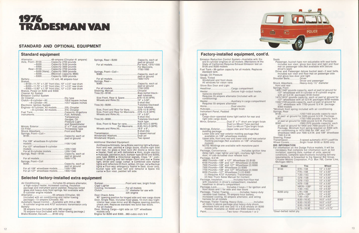 Brochure page for 1976 Tradesman police Van with text and a diagram of the van.
