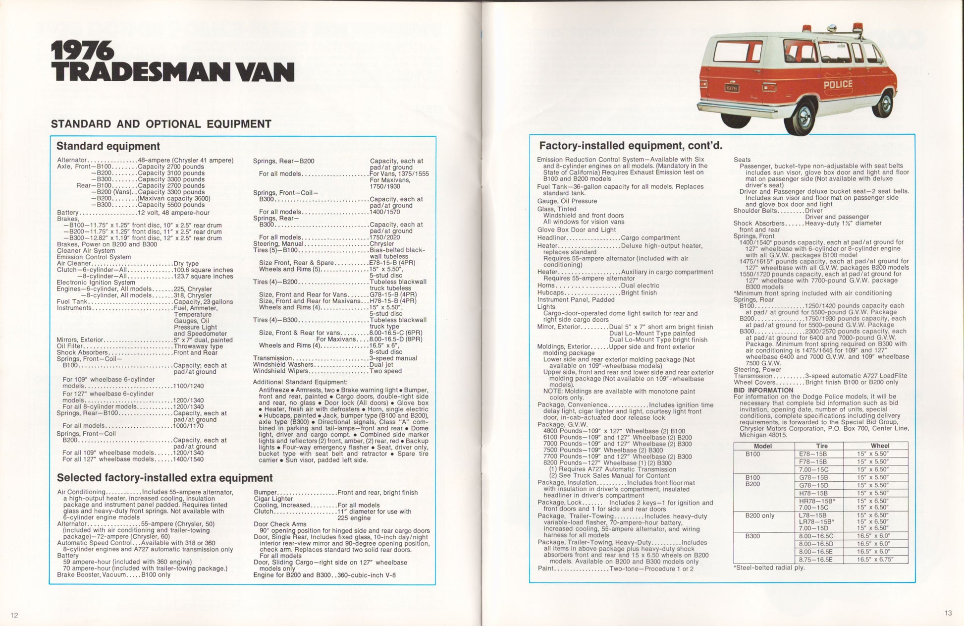 Brochure page for 1976 Tradesman police Van with text and a diagram of the van.