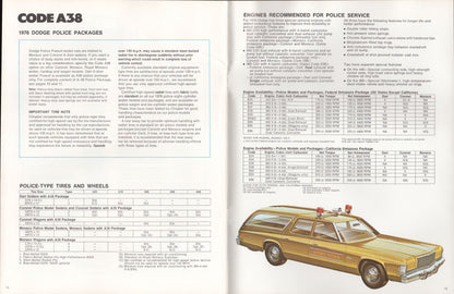Brochure page with text and illustration of a 1976 Dodge police station wagon.