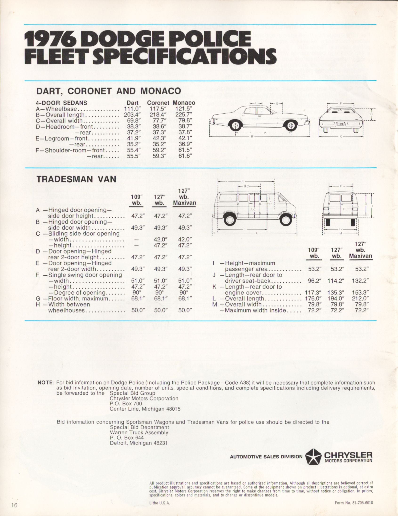 1976 Dodge Police Fleet Specifications page with vehicle illustrations and text.