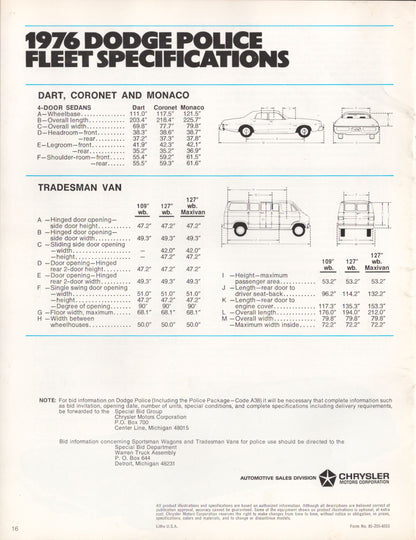 1976 Dodge Police Fleet Specifications page with vehicle illustrations and text.