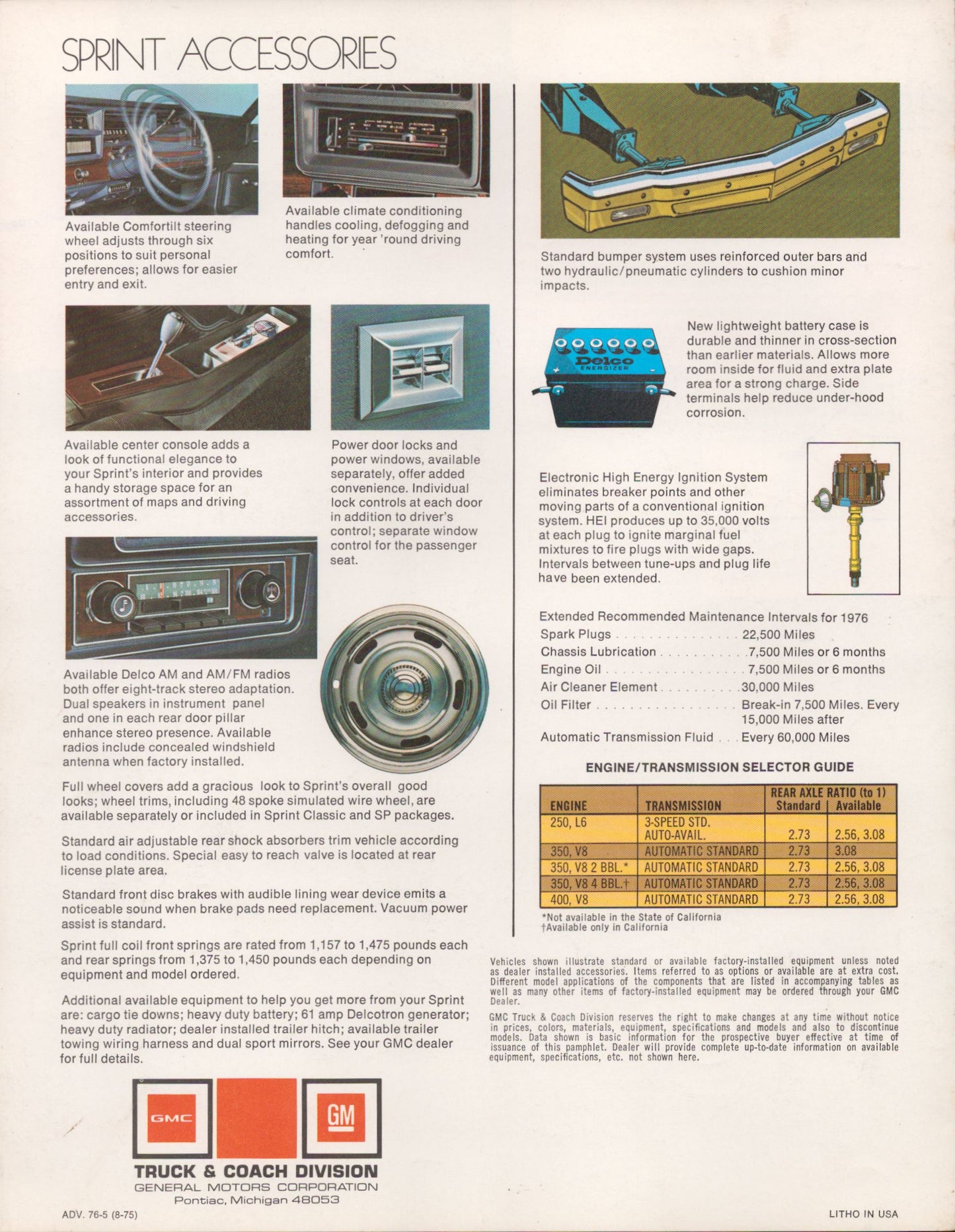 Vintage advertisement for 1976 GMC Sprint accessories with various automotive parts and features.