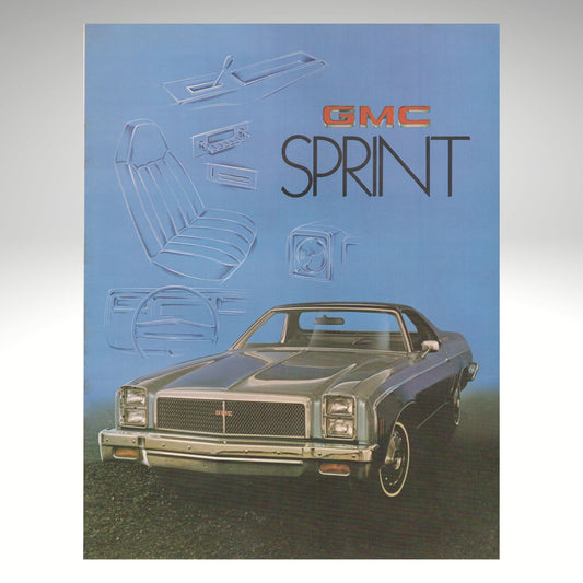 1976 GMC Sprint car on a blue background with car parts diagram