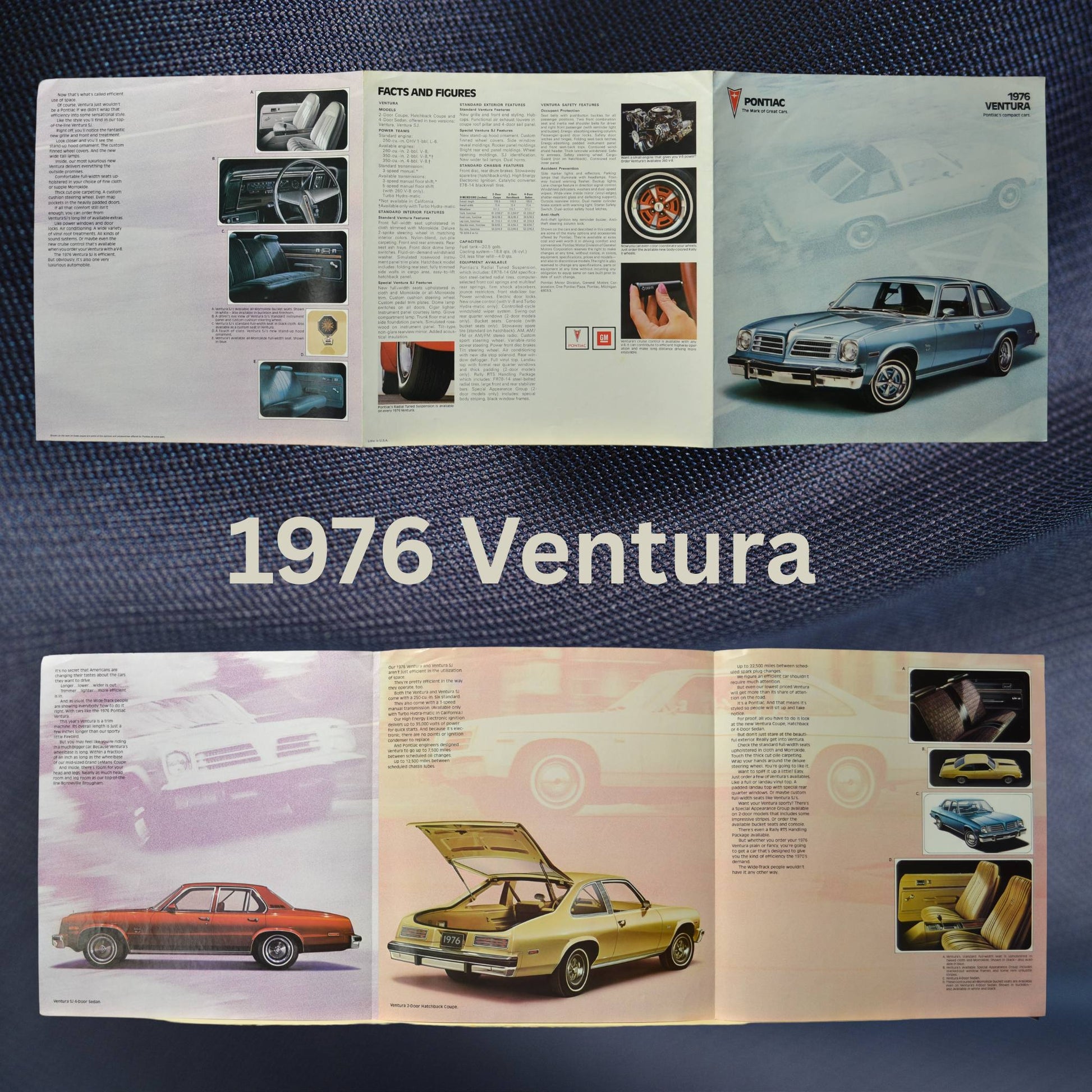 Open pages from the 1976 Pontiac Ventura dealer brochure, showcasing interior details, specifications, and multiple model views, including a red and yellow Ventura.
