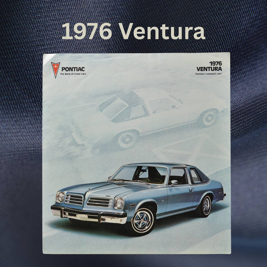 The front cover of the 1976 Pontiac Ventura dealer brochure, featuring a blue Ventura coupe with a subtle background image of the same model.