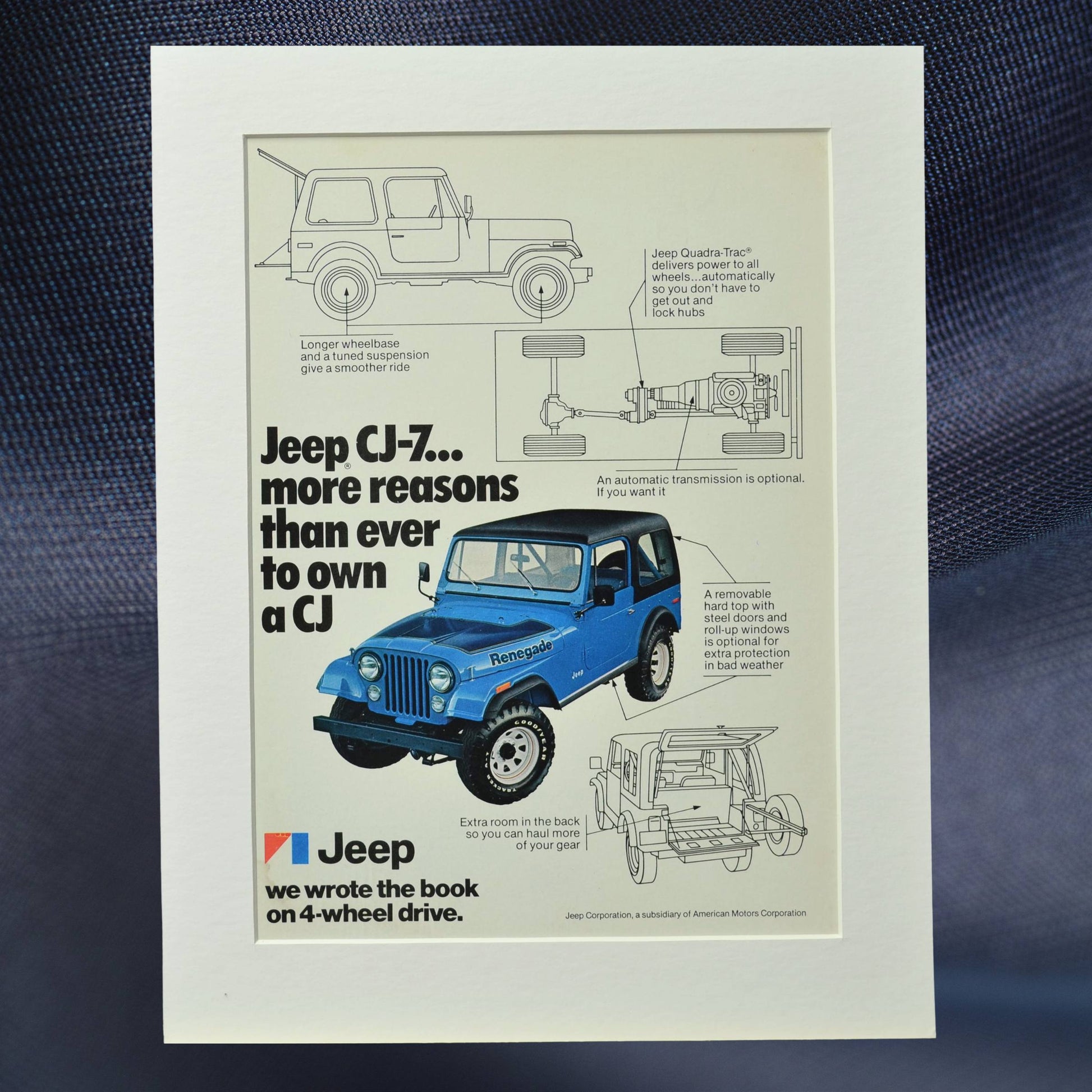 1977 Jeep CJ-7 vintage print ad, featuring a blue Renegade model with technical illustrations, showcasing its 4WD system and off-road features. A perfect retro automotive poster for Jeep lovers.