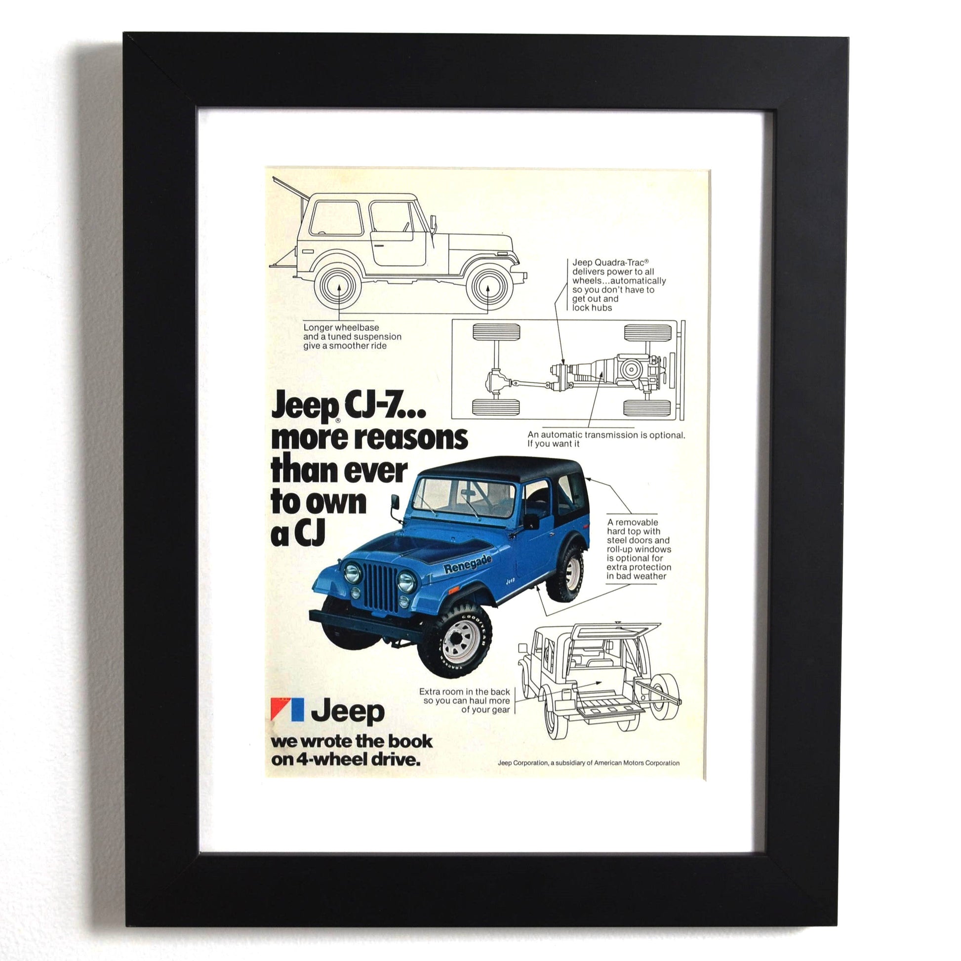 Framed 1977 Jeep CJ-7 vintage print ad, featuring a blue Renegade model with technical illustrations, showcasing its 4WD system and off-road features. A perfect retro automotive poster for Jeep lovers.