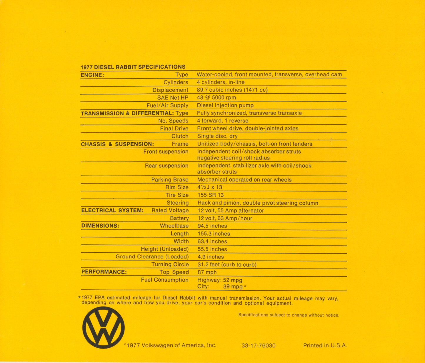 1977 Volkswagen Diesel Rabbit original brochure back cover 52 MPG advertisement