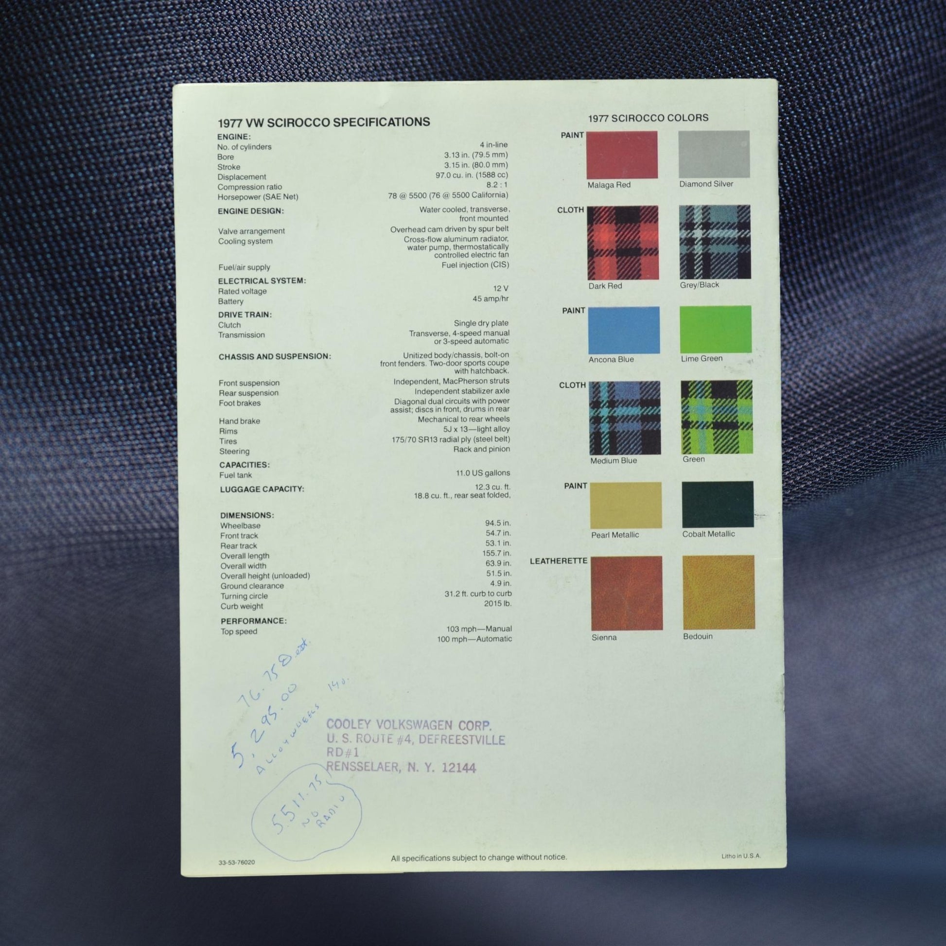 1977 Volkswagen Scirocco Sales Ad Brochure – Original VW Memorabilia specs