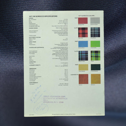 1977 Volkswagen Scirocco Sales Ad Brochure – Original VW Memorabilia specs