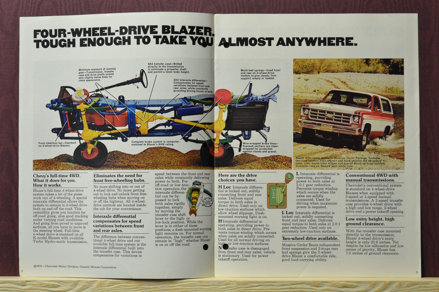 Inside page of the 1977 Chevy Blazer brochure showcasing underside and available features.