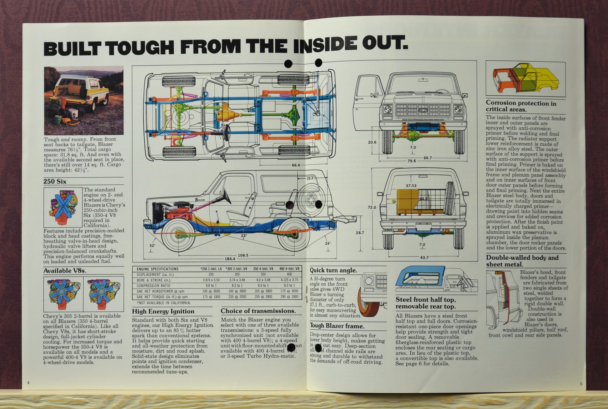 Inside page of the 1977 Chevy Blazer brochure showcasing engine options and available features.