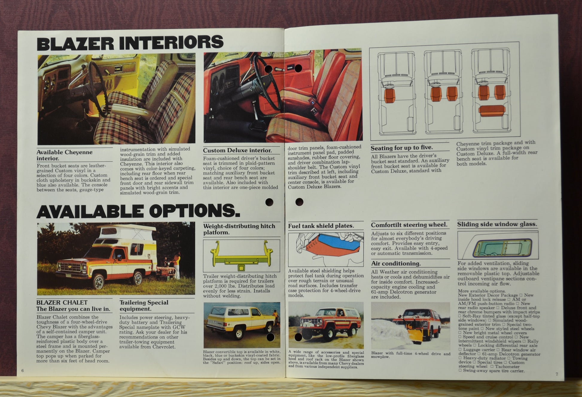 Inside page of the 1977 Chevy Blazer brochure showcasing interior options and available features.