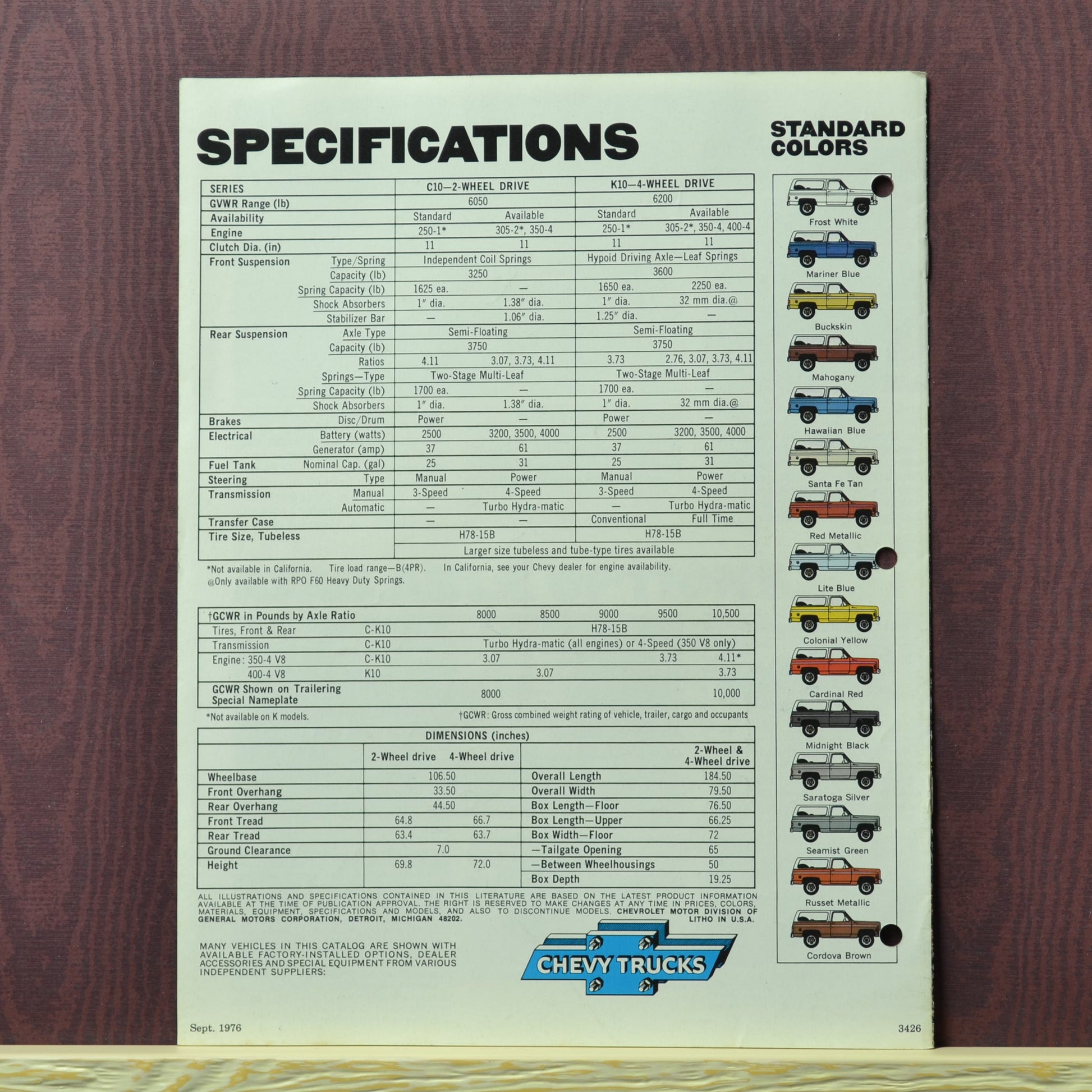 Back cover of the 1977 Chevy Blazer dealer sales brochure with binder ring holes visible.