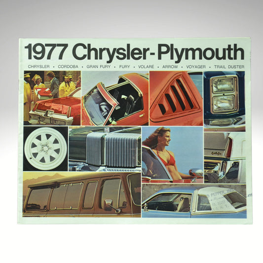 1977 Chrysler-Plymouth car brochure with various vehicle images and text.