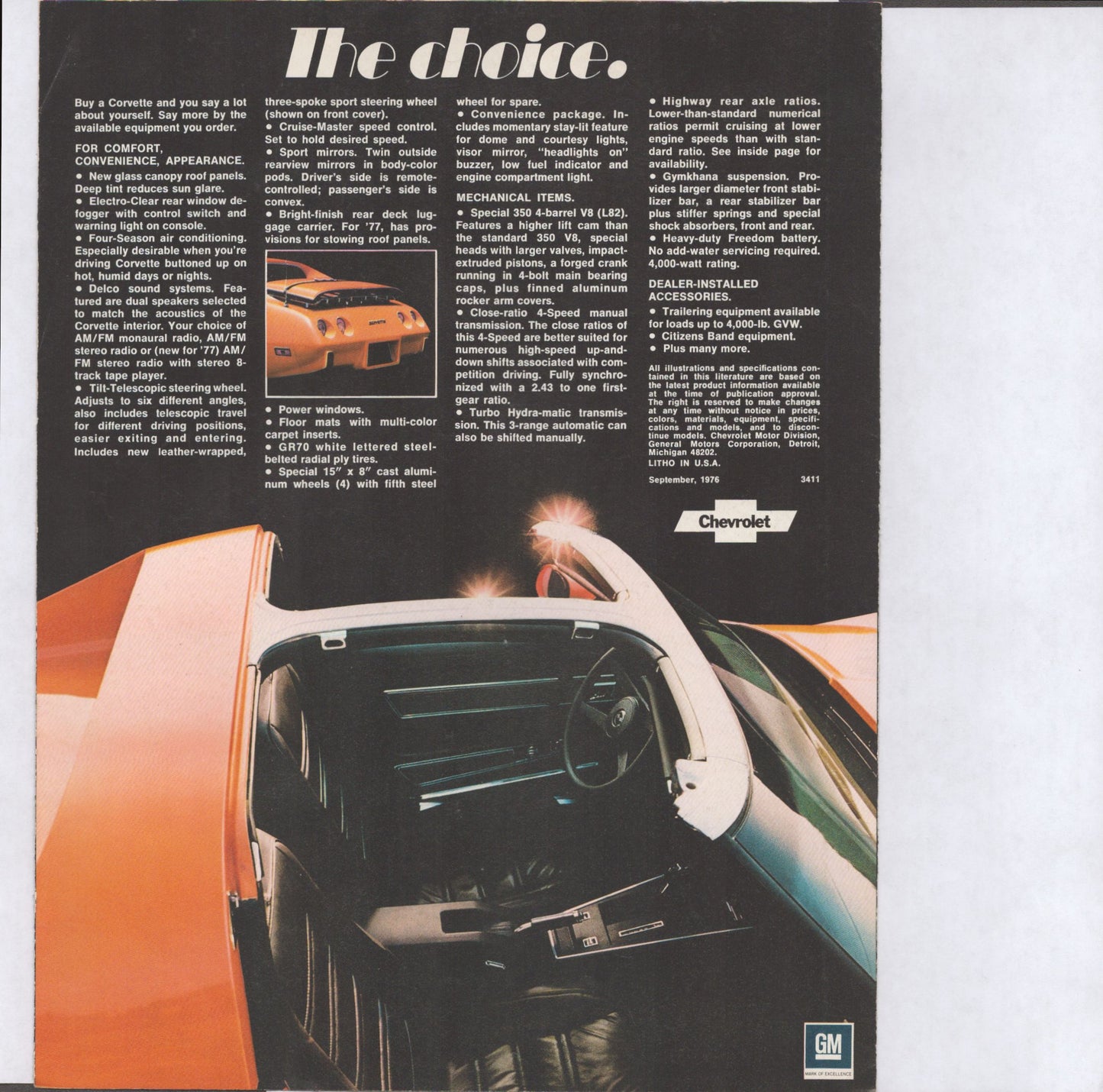 1977 Chevrolet Corvette original dealer sales flyer orange Corvette coupe six-panel foldout brochure back page
