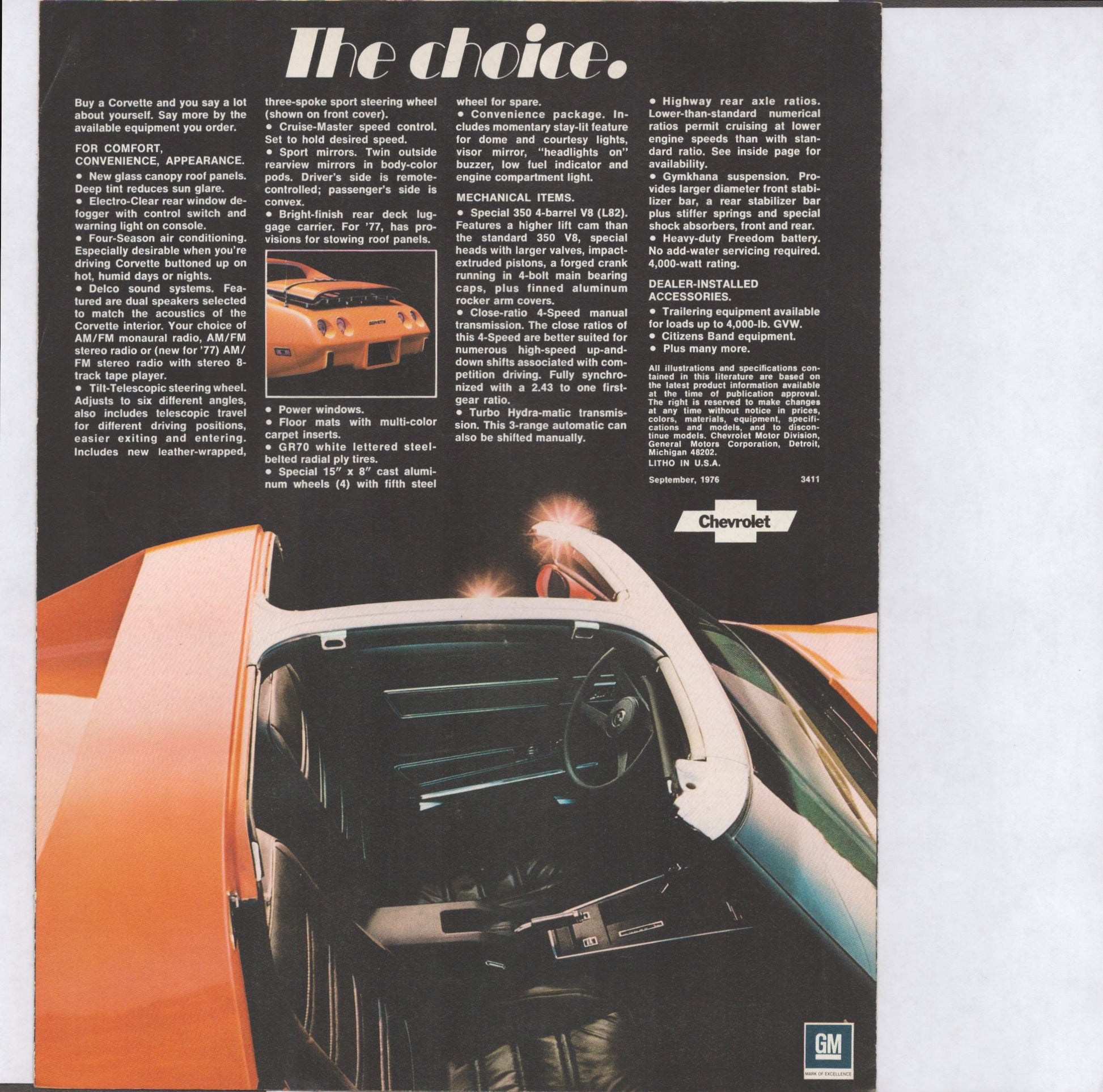1977 Chevrolet Corvette original dealer sales flyer orange Corvette coupe six-panel foldout brochure back page