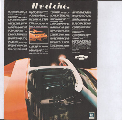 1977 Chevrolet Corvette original dealer sales flyer orange Corvette coupe six-panel foldout brochure back page