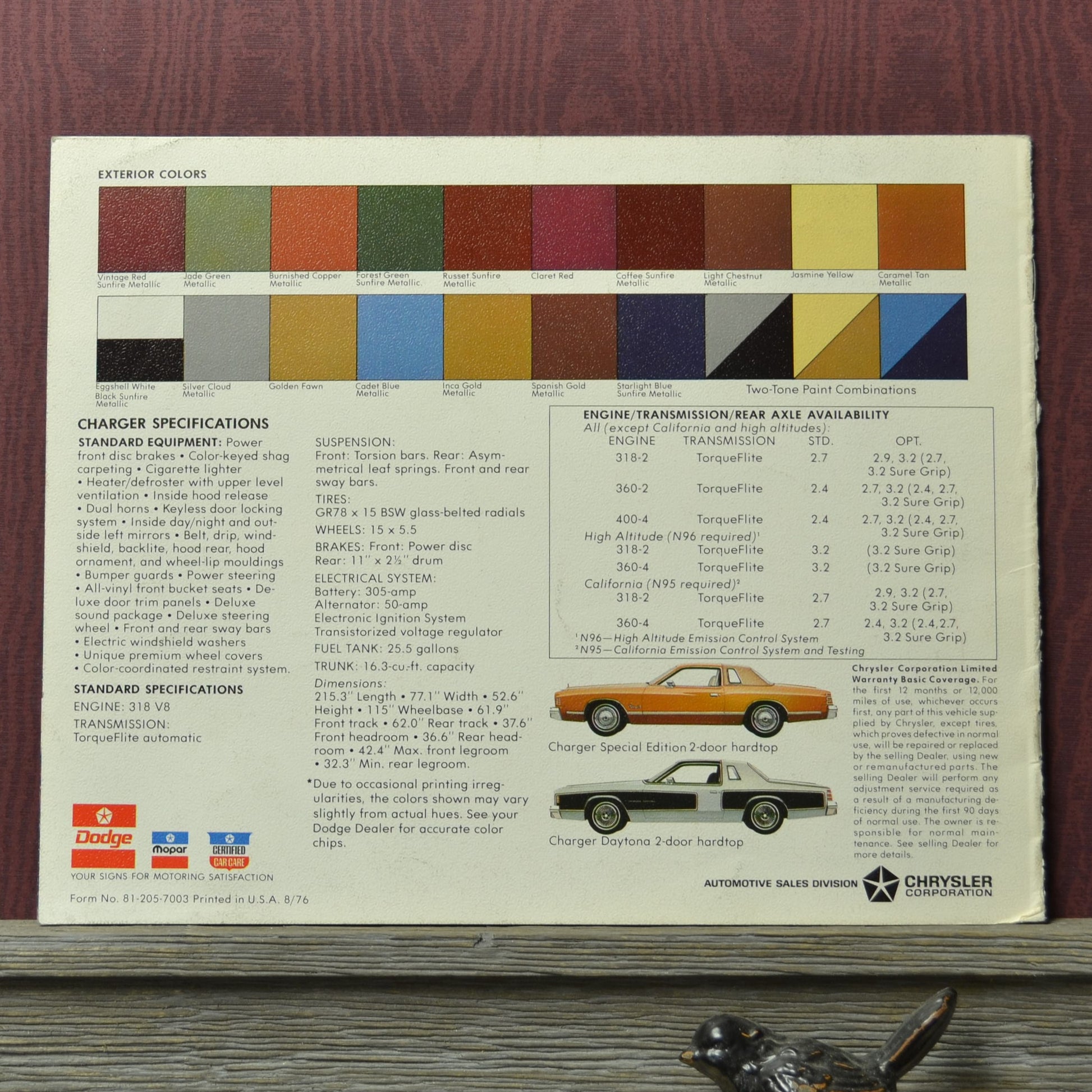 Color swatch and specifications sheet for a 1977 Dodge Charger