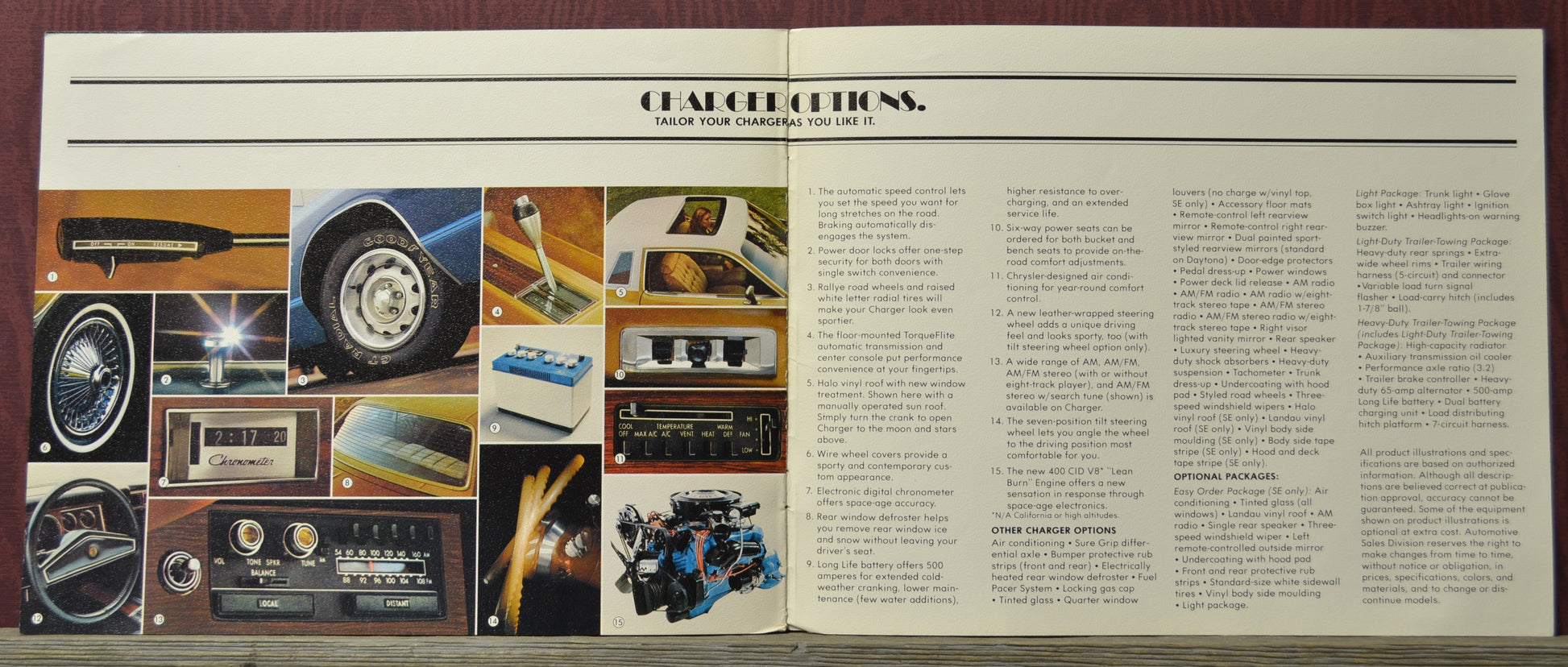 Brochure page with Dodge charger car features and specifications