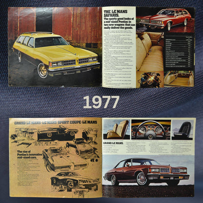 Interior spread from the 1977 Pontiac dealer brochure, showcasing the Le Mans Safari wagon, Grand Le Mans, and Le Mans Sport Coupe. Includes vintage illustrations and full-color images of Pontiac interiors and exteriors.