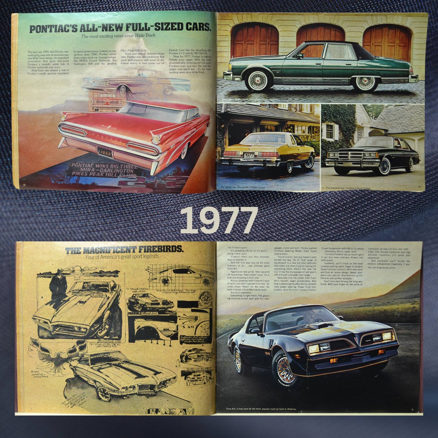 Interior pages from the 1977 Pontiac dealer brochure, featuring classic Pontiac models, including the Grand Prix and Firebird. Includes vintage sketches and full-color photographs showcasing the design and features of the lineup.