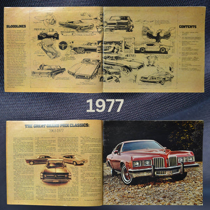 Additional interior pages from the 1977 Pontiac dealer brochure, highlighting the heritage of Pontiac's performance cars, including the Grand Prix classics from 1963-1977. Includes stylized artwork and photography.