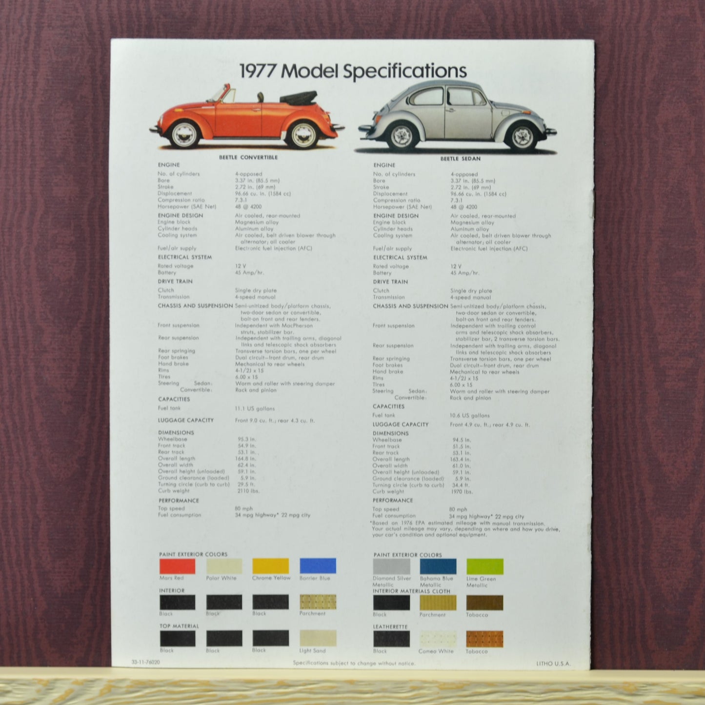 1977 Volkswagen Beetle Dealer Brochure - A Classic Car Collectible back page specs