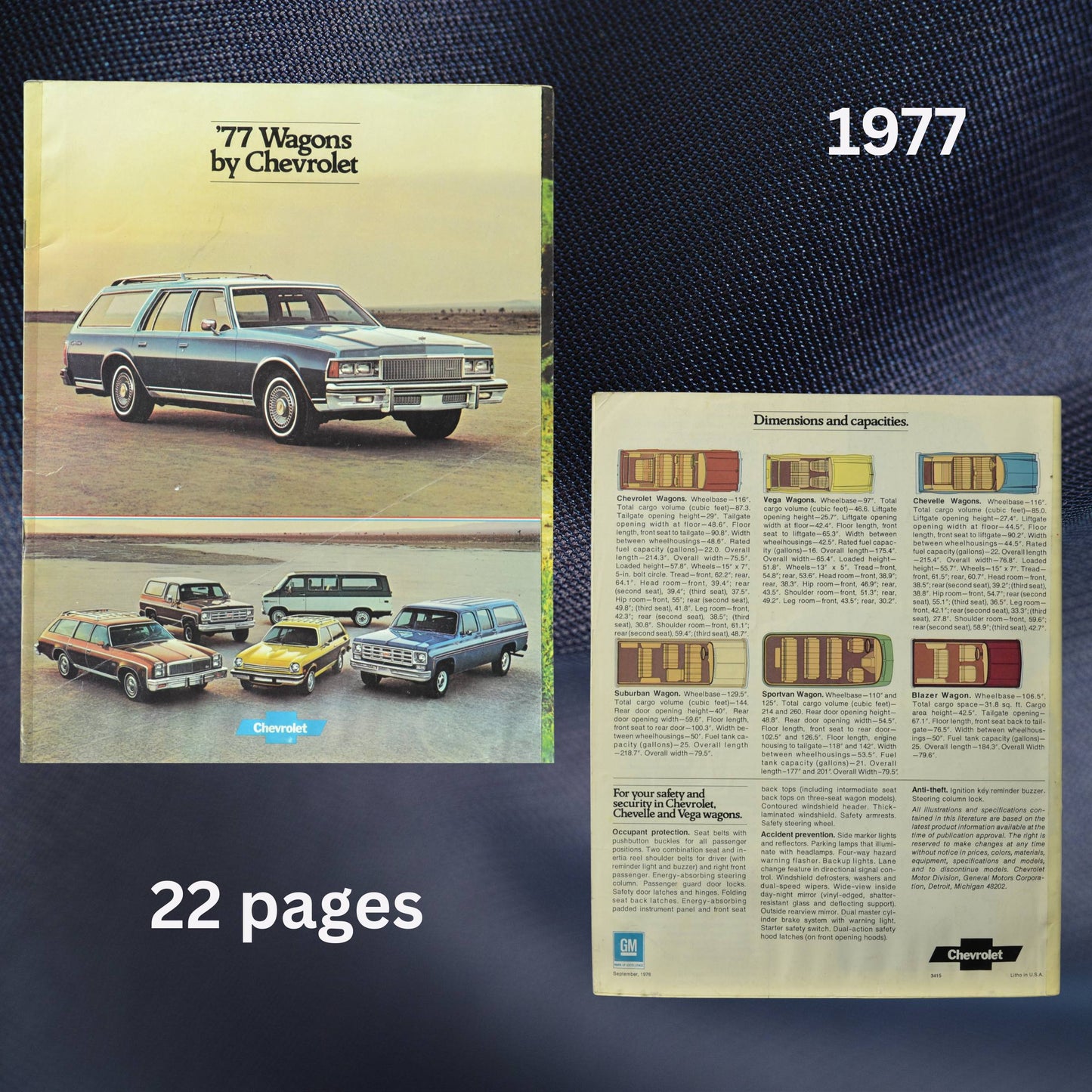 The front cover features a blue Chevrolet Caprice Estate wagon with other Chevrolet models, including the Vega, Blazer, and Suburban. The back cover outlines seating configurations, cargo capacity, and vehicle specifications.