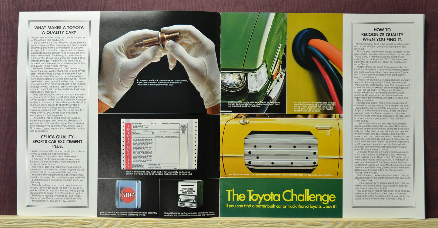 inside pages of the 1977 Toyota Celica dealer brochure, showcasing Toyota quality and safety