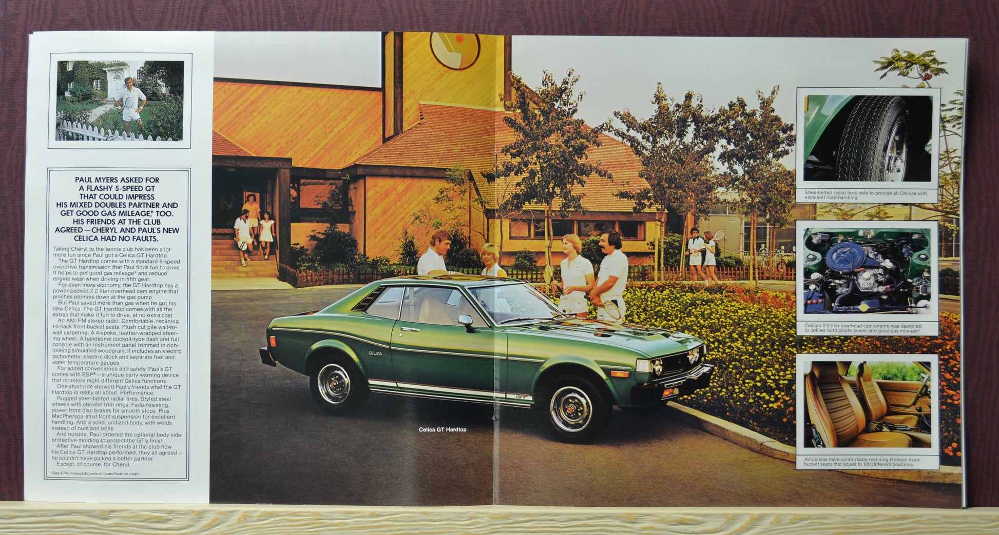 Interior spread of the 1977 Toyota Celica brochure featuring a green Celica GT Hardtop with detailed specifications and close-up images of its engine, tires, and interior.