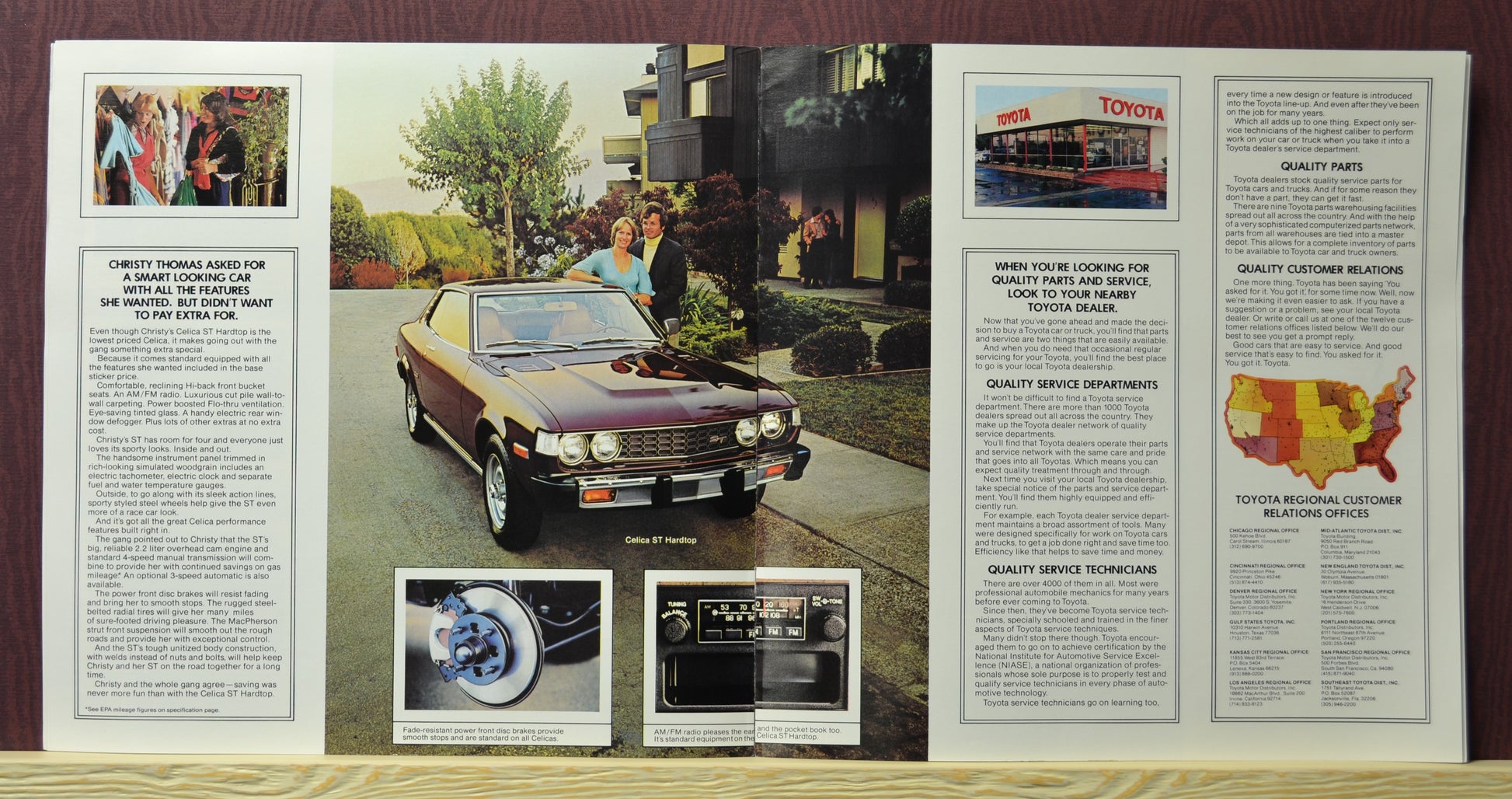 Interior spread of the 1977 Toyota Celica brochure featuring a maroon Celica ST Hardtop with detailed specifications and close-up images of its brakes, radio, and toyota offices