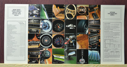 Interior spread of the 1977 Toyota Celica brochure featuring Options with detailed specifications and close-up images of its engine, tires, and interior