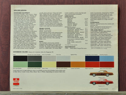 Vintage 1978 Dodge magnum XE specification sheet with color chart and illustrations on a maroon background
