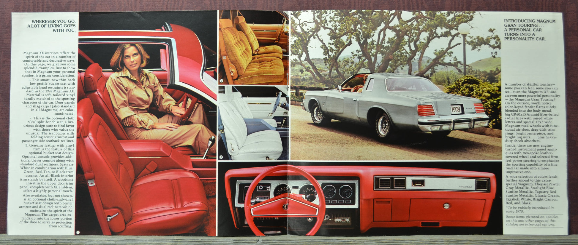 Vintage car advertisement 1978 Dodge magnum with multiple views of a vehicle and interior details.