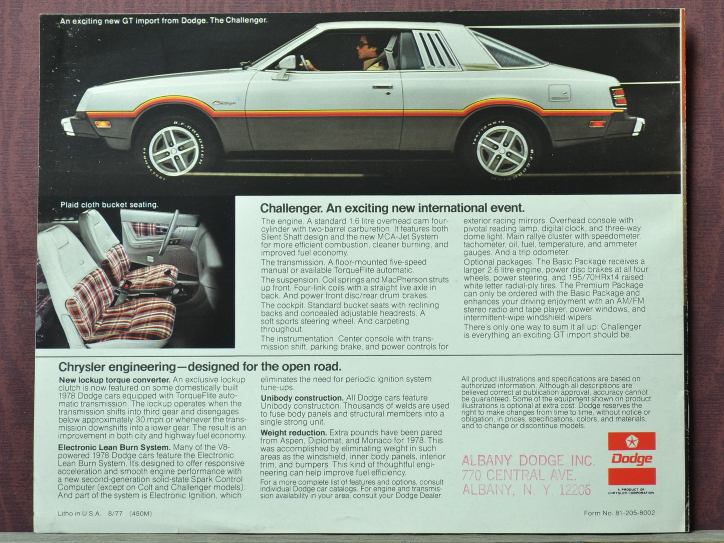 Vintage advertisement for a Dodge Challenger car, featuring text and images of the vehicle and interior.