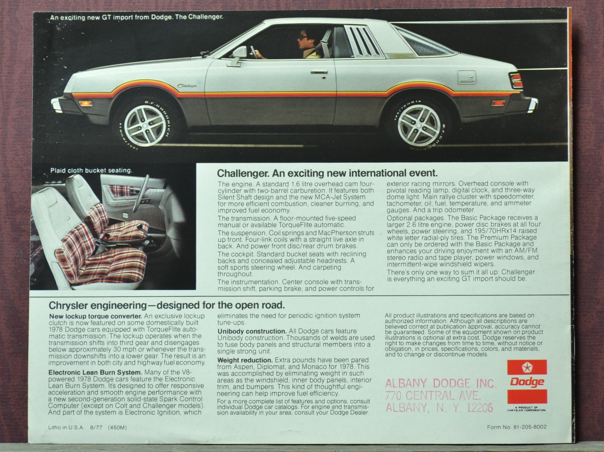 Vintage advertisement for a Dodge Challenger car, featuring text and images of the vehicle and interior.