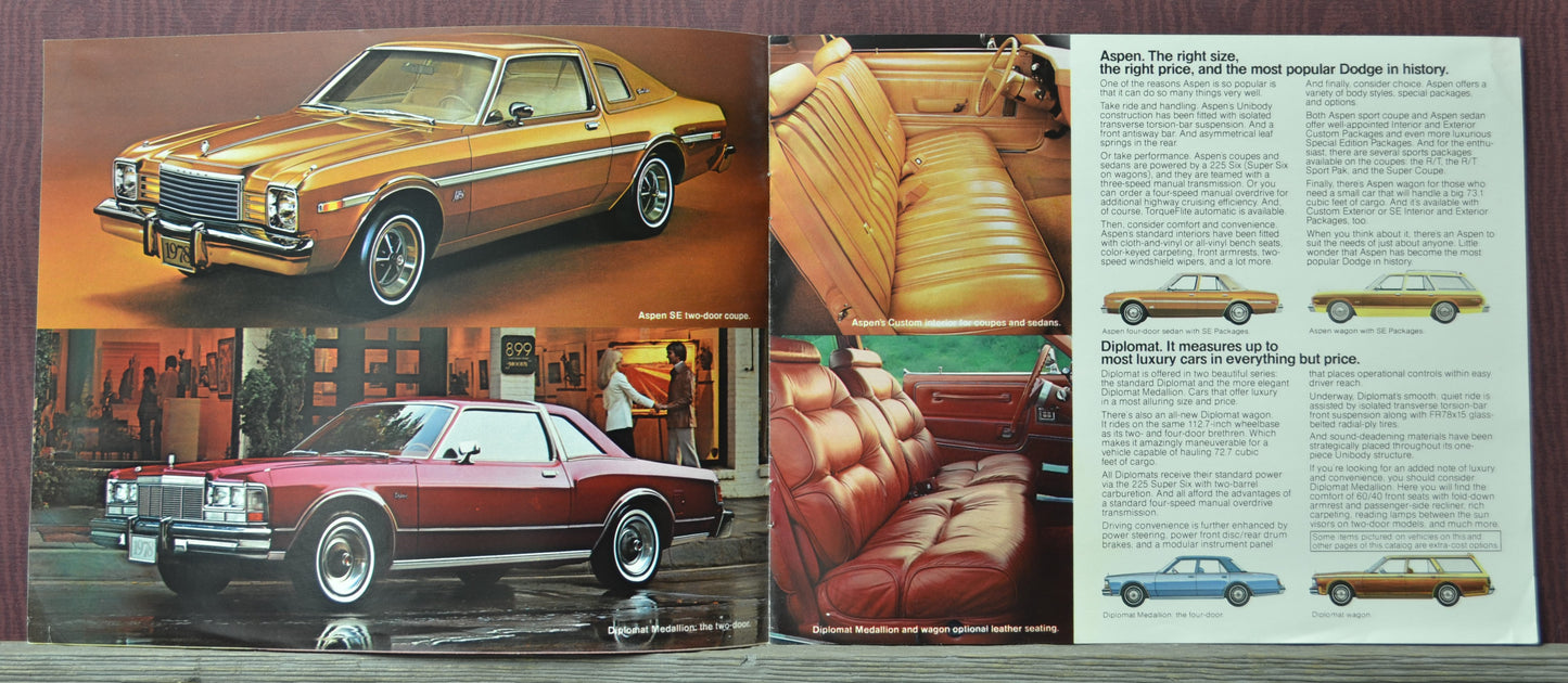 1978 Dodge car brochure advertisement with images of cars and interior, featuring a dealership setting.